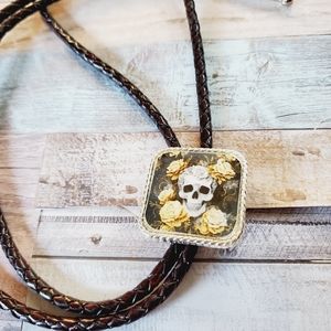 Skull lover  Lariat Bolo Tie Gothic Men Women halloween skulls and yellow roses